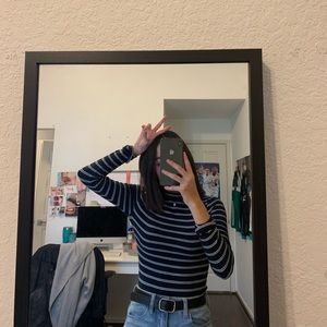 Long Sleeve Striped Mock Neck Top (navy blue)